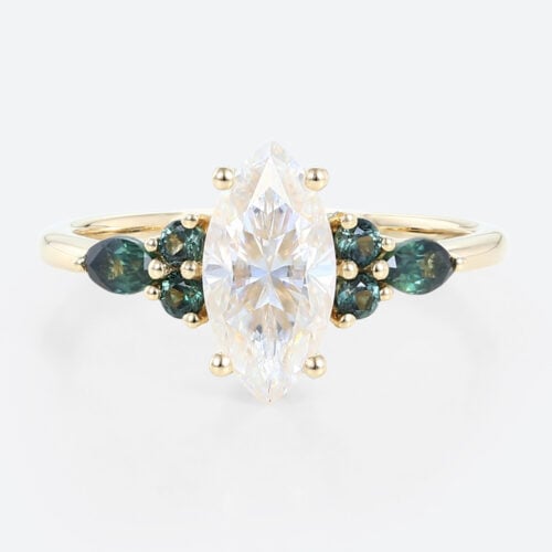 1ct Marquise Cut Moissanite Promise Ring with Green Blue Sapphire Accents in Yellow Gold
