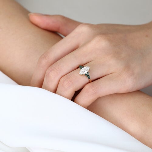 1ct Marquise Cut Moissanite Promise Ring with Green Blue Sapphire Accents in Yellow Gold