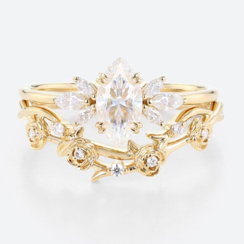 1CT Marquise Cut Moissanite Ring Set with Vintage Floral Curved Wedding Band in Yellow Gold