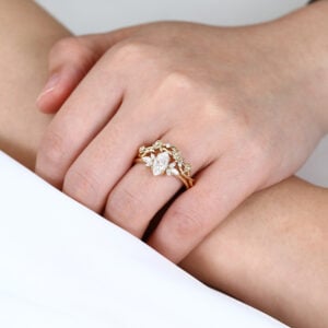 1CT Marquise Cut Moissanite Ring Set with Vintage Floral Curved Wedding Band in Yellow Gold