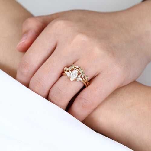 1CT Marquise Cut Moissanite Ring Set with Vintage Floral Curved Wedding Band in Yellow Gold