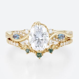 1ct Oval Moissanite Engagement Rings​ Set with Curved Leaf Band in Yellow Gold