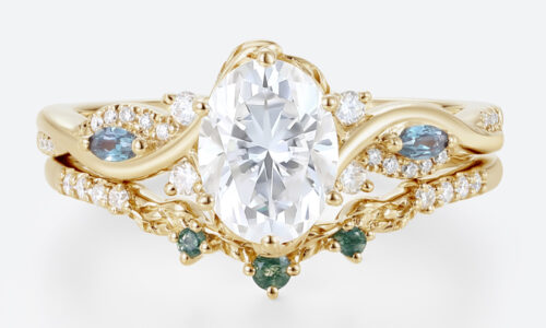 1ct Oval Moissanite Engagement Rings​ Set with Curved Leaf Band in Yellow Gold