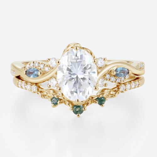 1ct Oval Moissanite Engagement Rings​ Set with Curved Leaf Band in Yellow Gold