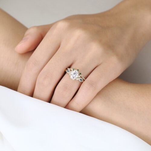 1ct Oval Moissanite Engagement Rings​ Set with Curved Leaf Band in Yellow Gold