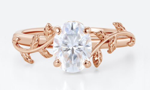 Oval Moissanite Promise Ring Solitaire Vine & Leaf Engagement Rings in Rose Gold