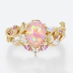 October’s Birthstone - Oval Pink and Opal Ring​ Set Vine Bridal Ring with Multicolored Gems in Yellow Gold