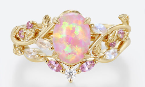 October’s Birthstone - Oval Pink and Opal Ring​ Set Vine Bridal Ring with Multicolored Gems in Yellow Gold