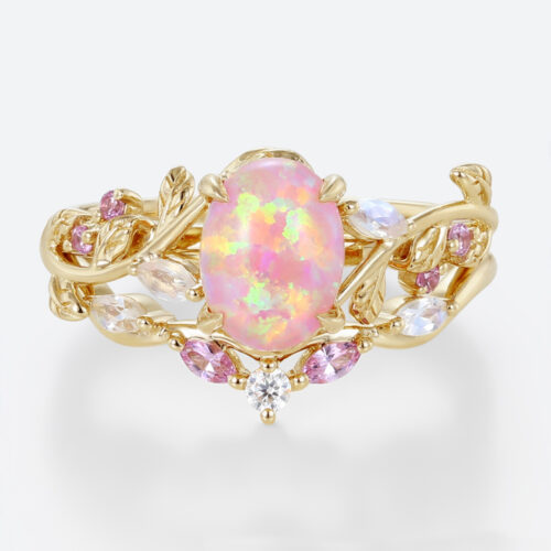 October’s Birthstone - Oval Pink and Opal Ring Set Vine Bridal Ring with Multicolored Gems in Yellow Gold