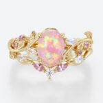 Oval Pink and Opal Ring​ Set Vine Bridal Ring with Multicolored Gems in Yellow Gold