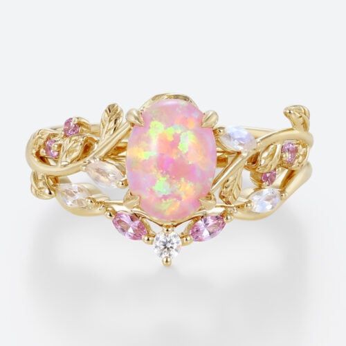 Oval Pink and Opal Ring​ Set Vine Bridal Ring with Multicolored Gems in Yellow Gold