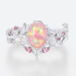 Oval Pink and Opal Ring​ Set Vine Bridal Ring with Multicolored Gems in White Gold