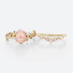 Oval Pink and Opal Ring​ Set Vine Bridal Ring with Multicolored Gems in Yellow Gold