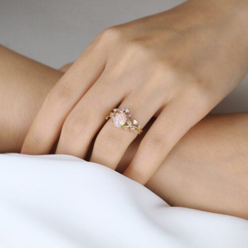 Oval Pink and Opal Ring​ Set Vine Bridal Ring with Multicolored Gems in Yellow Gold
