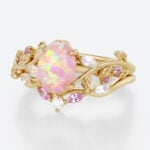 Oval Pink and Opal Ring​ Set Vine Bridal Ring with Multicolored Gems in Yellow Gold