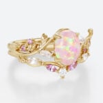 Oval Pink and Opal Ring​ Set Vine Bridal Ring with Multicolored Gems in Yellow Gold