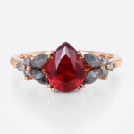 Pear Cut Lab Ruby Ring​ with Salt and Pepper Diamond Accents Floral Engagement Ring in Rose Gold