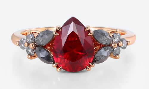 Pear Cut Lab Ruby Ring​ with Salt and Pepper Diamond Accents Floral Engagement Ring in Rose Gold