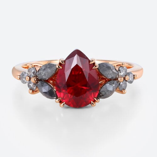 Pear Cut Lab Ruby Ring​ with Salt and Pepper Diamond Accents Floral Engagement Ring in Rose Gold