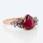 Pear Cut Lab Ruby Ring​ with Salt and Pepper Diamond Accents Floral Engagement Ring in Rose Gold