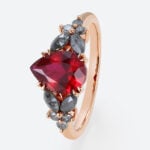 Pear Cut Lab Ruby Ring​ with Salt and Pepper Diamond Accents Floral Engagement Ring in Rose Gold