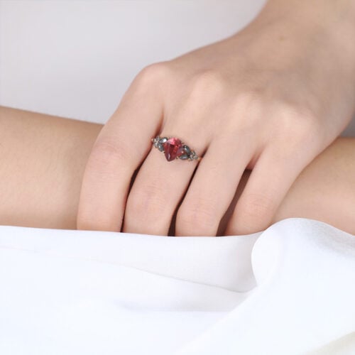 Pear Cut Lab Ruby Ring​ with Salt and Pepper Diamond Accents Floral Engagement Ring in Rose Gold