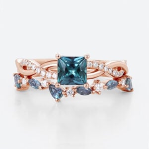 Princess Cut Alexandrite Rings​ Set 0.8ct Modern Infinity Bridal Ring with Alexandrite Band in Rose Gold