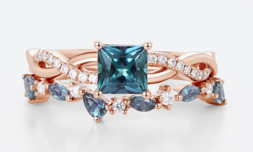 Princess Cut Alexandrite Rings​ Set 0.8ct Modern Infinity Bridal Ring with Alexandrite Band in Rose Gold