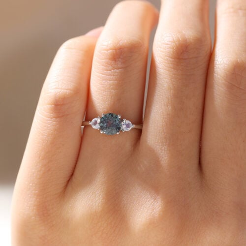 Round Cut Alexandrite Ring Moonstone Three Stones Promise Ring