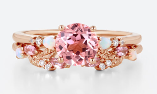 Round Cut Pink Sapphire Ring​ Set Floral-Inspired Bridal Ring Set with Multicolored Accents in Rose Gold