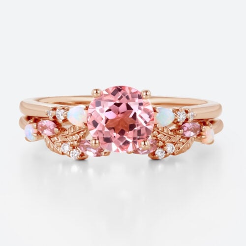 Round Cut Pink Sapphire Ring​ Set Floral-Inspired Bridal Ring Set with Multicolored Accents in Rose Gold