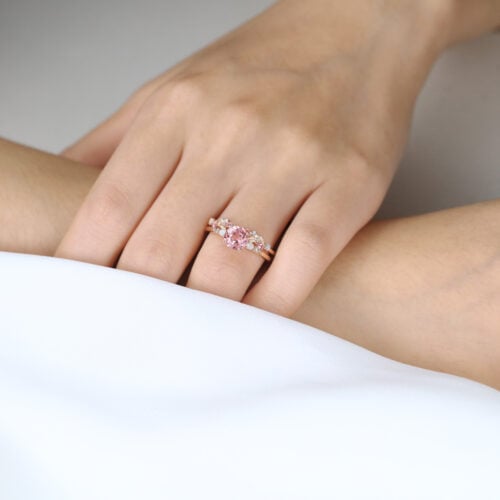Round Cut Pink Sapphire Ring​ Set Floral-Inspired Bridal Ring Set with Multicolored Accents in Rose Gold