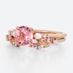 Round Cut Pink Sapphire Ring​ Set Floral-Inspired Bridal Ring Set with Multicolored Accents in Rose Gold