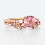 Round Cut Pink Sapphire Ring​ Set Floral-Inspired Bridal Ring Set with Multicolored Accents in Rose Gold