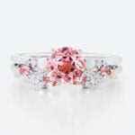 Round Cut Pink Sapphire Ring​ Set Floral-Inspired Bridal Ring Set with Multicolored Accents in White Gold