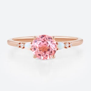 Holiday Proposal Round Cut Pink Sapphire Ring​ 1.7ct Modern Vintage Engagement Ring with Opal Accents in Rose Gold