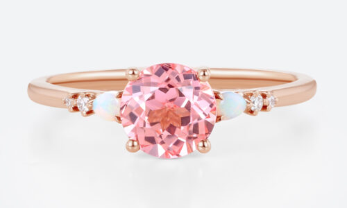 Holiday Proposal Round Cut Pink Sapphire Ring​ 1.7ct Modern Vintage Engagement Ring with Opal Accents in Rose Gold