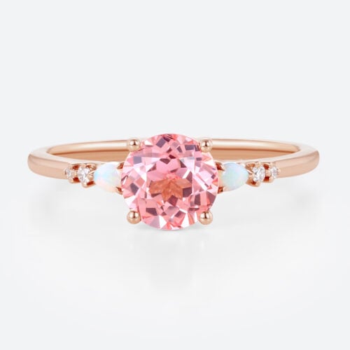 Round Cut Pink Sapphire Ring​ 1.7ct Modern Vintage Engagement Ring with Opal Accents in Rose Gold