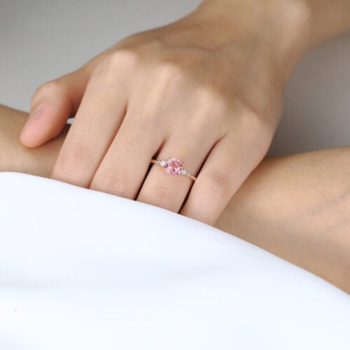 Round Cut Pink Sapphire Ring​ 1.7ct Modern Vintage Engagement Ring with Opal Accents in Rose Gold