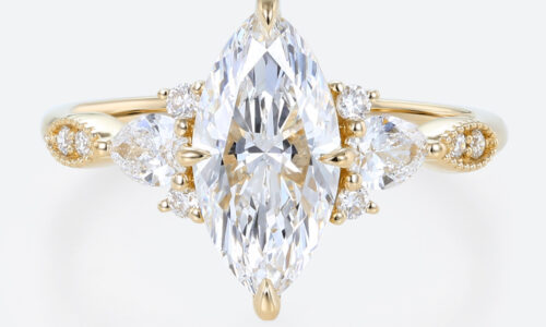 1.5ct Marquise Cut Lab Grown Diamond Ring | Vintage Milgrain 4-Claw Engagement Ring in Yellow Gold