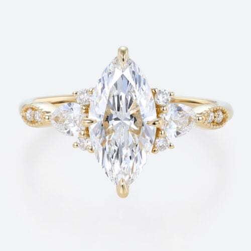 1.5ct Marquise Cut Lab Grown Diamond Ring | Vintage Milgrain 4-Claw Engagement Ring in Yellow Gold