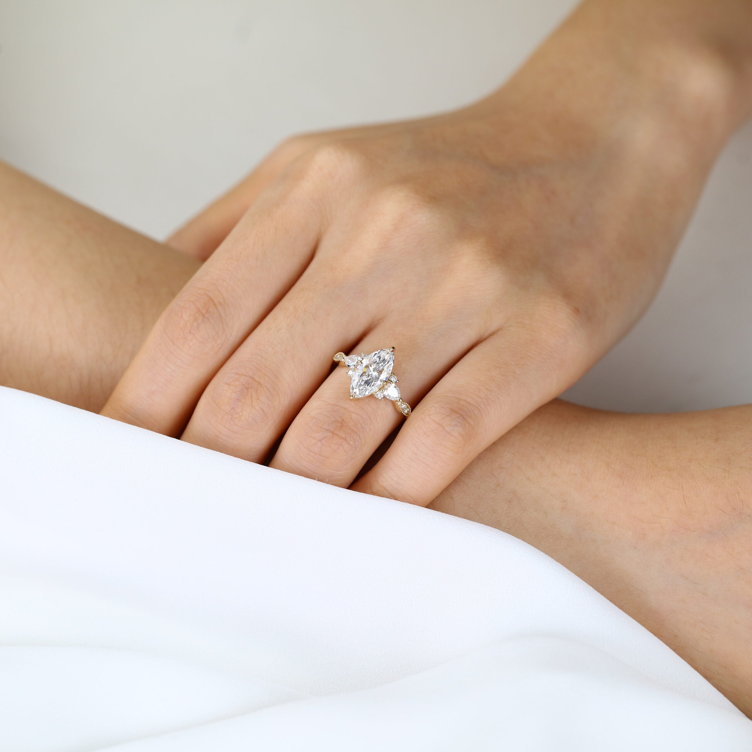 1.5ct Marquise Cut Lab Grown Diamond Ring | Vintage Milgrain 4-Claw Engagement Ring in Yellow Gold