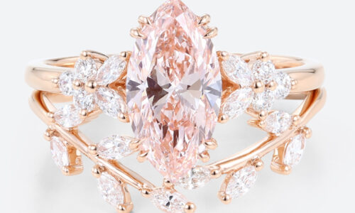 1.5ct Marquise Lab Pink Diamond Ring Set Leaf Cluster Bridal Ring in Rose Gold