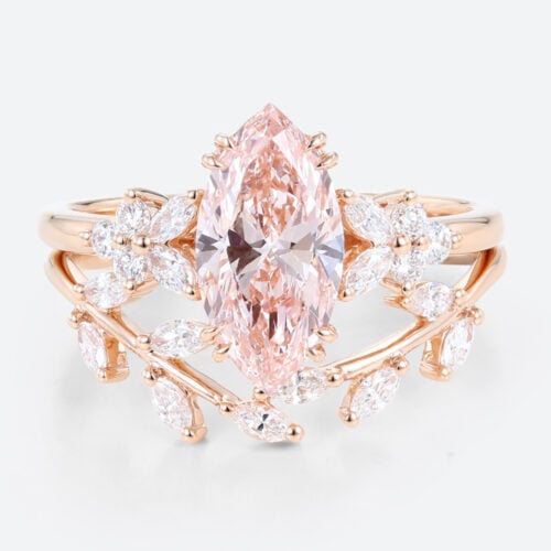1.5ct Marquise Lab Pink Diamond Ring Set Leaf Cluster Bridal Ring in Rose Gold
