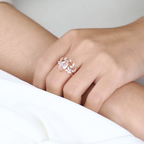 1.5ct Marquise Lab Pink Diamond Ring Set Leaf Cluster Bridal Ring in Rose Gold