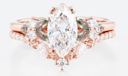 1ct Marquise Cut Lab Diamond Ring​ Set Enchanted Garden 4 Double Claw Prong Engagement Ring in Rose Gold