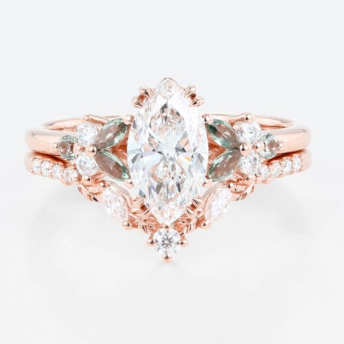 1ct Marquise Cut Lab Diamond Ring​ Set Enchanted Garden 4 Double Claw Prong Engagement Ring in Rose Gold