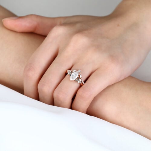 1ct Marquise Cut Lab Diamond Ring​ Set Enchanted Garden 4 Double Claw Prong Engagement Ring in Rose Gold