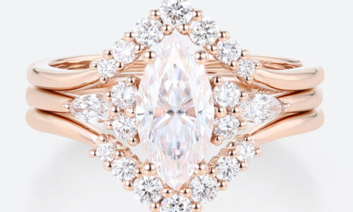 3PCS Marquise Moissanite Ring​ Chevron Stacking Bridal Ring Set in Rose Gold
