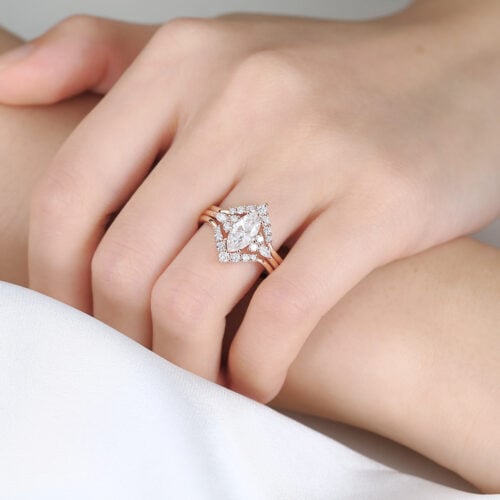 3PCS Marquise Moissanite Ring Chevron Stacking Bridal Ring Set in Rose Gold